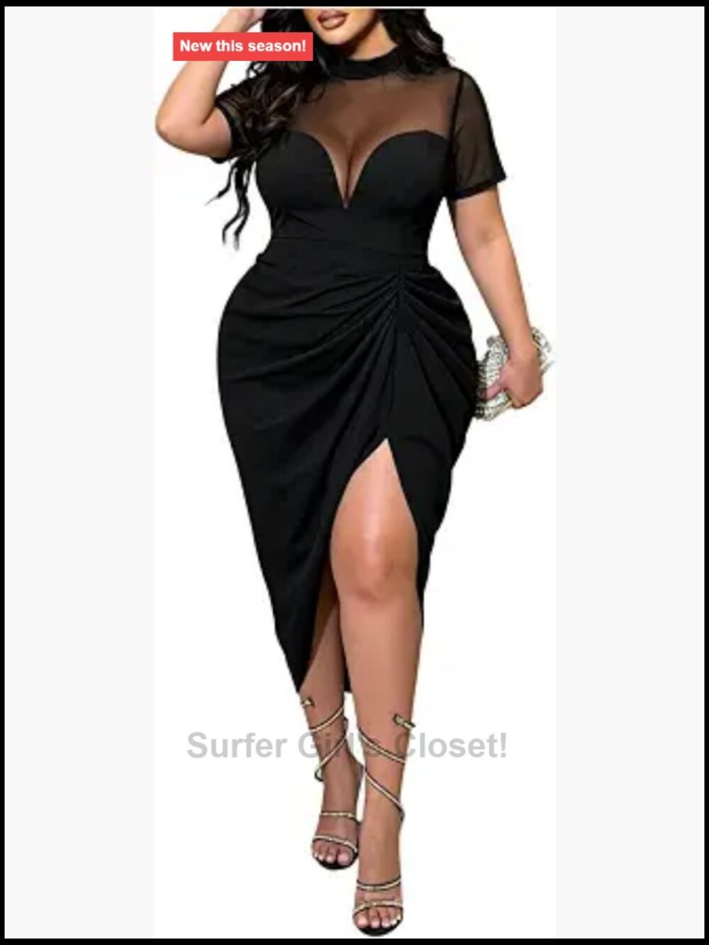 Plus Size Mesh Short Sleeve Midi Dress - Ruched Bodycon Split Night Out